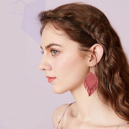 Handmade Bohemian Large Soft Genuine Leather Fringe Double Feather Dangle Drop Earrings Lightweight Simple Color PU Leaf Hook Earrings for Women - color: Meat Pink