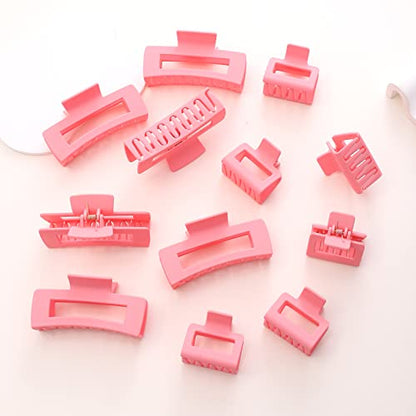 12 Pack Pink Square Claw Clips, Big and Small Neutral Rectangle Hair Claw Clips, Non-slip Matte Large Hair Clips for Women,Strong Hold jaw clip for Thick Thin Hair - color: Mixed Pink