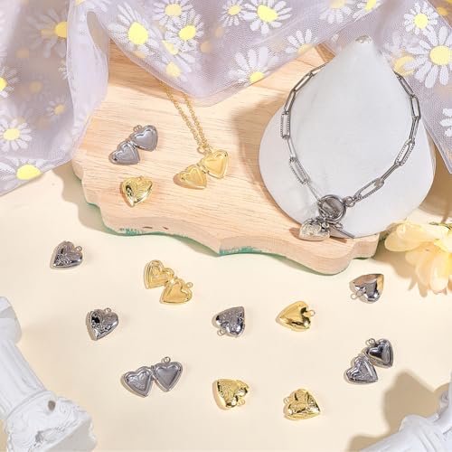 SUNNYCLUE 20Pcs 2 Colors Picture Frame Charms Gold Locket Charm Bulk Brass Metal Openable Love Heart Shaped Memorial Pendants for Jewelry Making Necklace Earrings Keychain Bag Wedding Bouquet Crafts