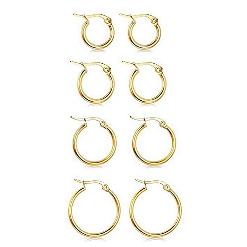 4 Pairs Stainless Steel Round Hoop Cute Huggie Earrings For Women Small Hoop Earring Set(10mm,15mm,20mm,25mm) - color: Gold Tone-4Pairs,Silver Tone-4Pairs