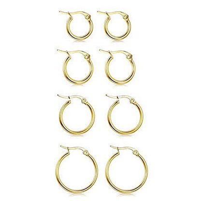 4 Pairs Stainless Steel Round Hoop Cute Huggie Earrings For Women Small Hoop Earring Set(10mm,15mm,20mm,25mm) - color: Gold Tone-4Pairs,Silver Tone-4Pairs