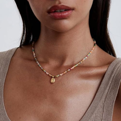 KissYan Beaded Choker Necklace for Women, Colorful Natural Gemstones Pearl Choker 14K Gold Plated Pendant Healing Crystal Necklace Handmade Stone Jewelry Gift | 14K Gold Plated Pendant Necklaces, Natural Gemstones Pearl Choker, Healing Crystal Chain, Hand