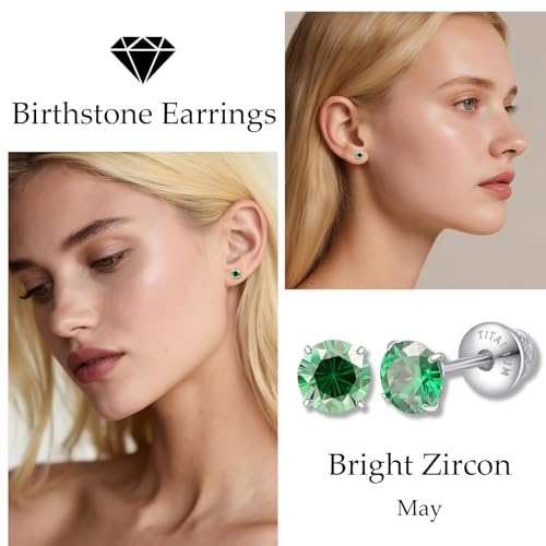 Limerencia Birthstone Screw Back Earrings G23 Implant Grade Titanium Stud Earrings Hypoallergenic Cubic Zirconia Posts Studs Jewelry Gifts for Girls Sensitive Ears - color: May