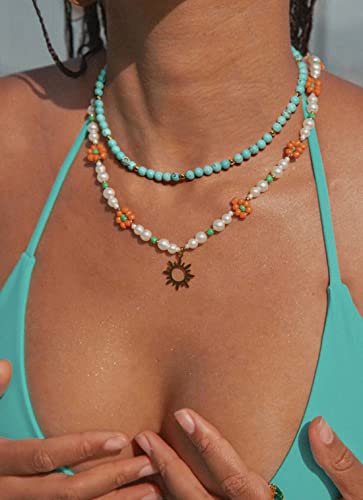 PEARLADA Turquoise Beaded Choker Necklace Chakra Stone Necklace Adjustable - color: Turquoise Beads 5mm