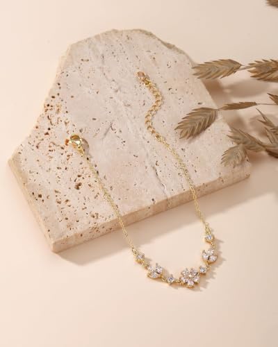 Gold Bracelets for Women Pearl Bracelet 14k Gold/White Gold Plated | Dainty Cubic Zirconia CZ Accented, Bridesmaid Jewelry, Prom Bracelet, Wedding Bracelets for Brides - color: gold-flower leaf