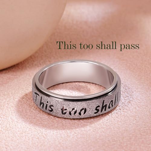 Fidget Spinner Ring for Women - THIS TOO SHALL PASS Stainless Steel 18K Gold Plated Anxiety Rotating Inspirational Ring for Stress Relief, Thumb Hope Rings Jewelry Gift for Women Men - color: Silver