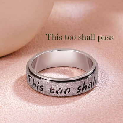 Fidget Spinner Ring for Women - THIS TOO SHALL PASS Stainless Steel 18K Gold Plated Anxiety Rotating Inspirational Ring for Stress Relief, Thumb Hope Rings Jewelry Gift for Women Men - color: Silver