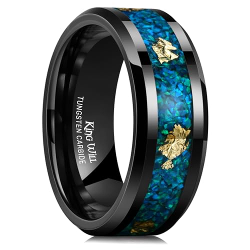 King Will Mens Wedding Band with Foils Inlay, Black/Silver/Gold | Black, 6mm/8mm, Beveled Edge, Comfort Fit, Glowstone Ring, Everyday Wear - color: Black&Bluegreen Opal+Gold-8mm