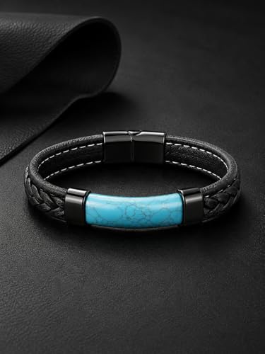 Mens Black Leather Obsidian/Turquoise/Tiger Eye/Red Agate Bracelet–Braided Multi‑Layer Wristband Cuff Bangle Bracelet with Stainless Steel Clasp Gift Jewelry Box Included - color: Style 2: Turquoise, size: 8.3in(Fits most wrists)