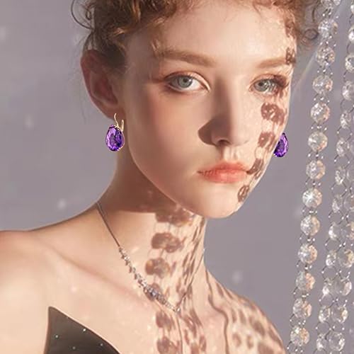 14K Gold Teardrop Crystal Leverback Earrings Sparkly Rhinestone Water Droplet Dangle Drop Earrings For Women - color: Dark Purple
