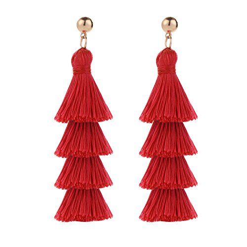 BaubleStar Bohemian Layered Tassel Drop Earrings for Women | Lightweight Statement Party Festival Jewelry - color: Red