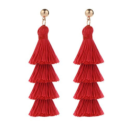 BaubleStar Bohemian Layered Tassel Drop Earrings for Women | Lightweight Statement Party Festival Jewelry - color: Red