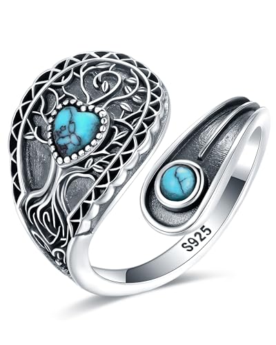 S925-Sterling-Silver Abalone Dragonfly-Turquoise Spoon Ring - Vintage Boho Sunflower Thumb Oxidized Wrap Rings Victorian Style Antique Floral Jewelry Gifts for Women - color: Tree of Life Ring