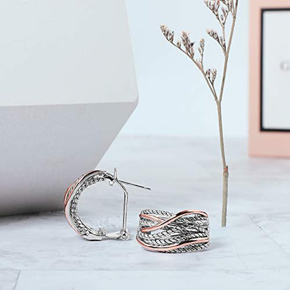 Mytys Two Tone Huggie Hoop Earrings Cross Over Design Twisted Rope Silver Gold Statement Wide Band Clip On Hoops for Women Fashion Jewelry Gift - color: Rose Gold & Silver