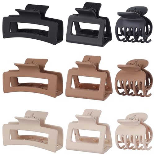 CHANDAT Medium Claw Hair Clips Set for Women - 3 Styles, 9 pcs Rectangle Clips for Thick Hair, Square Clips for Thin Hair - Brown | Rectangle Hair Clips for Thick Hair, Square Claw Clips for Thin Hair, Non-Slip Strong Hold, Matte Hair Accessories - color: