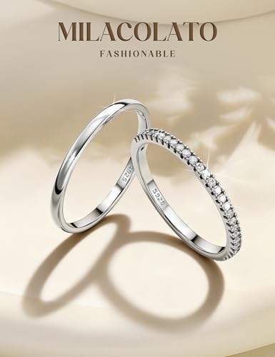 MILACOLATO 2Pcs Solid 925 Sterling Silver Rings for Women 1.3mm Thin Non Tarnish White Gold Plated Plain Thumb Stackable Rings Half Cubic Zirconia Wedding Eternity Band Rings Size 5-10 - color: Silver