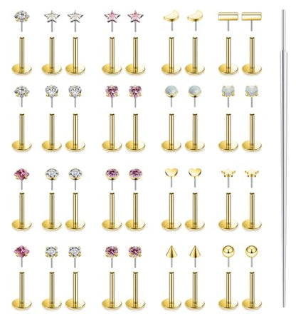 20G 18G 16G 14K Gold Filled Threadless Flat Back Earrings Studs Surgical Stainless Steel Opal CZ Nose Rings Studs Tragus Helix Conch Cartilage Earrings Piercing Jewelry For Women Men Silver - color: 14K Gold Filled, size: 20 Gauge-7MM Bar