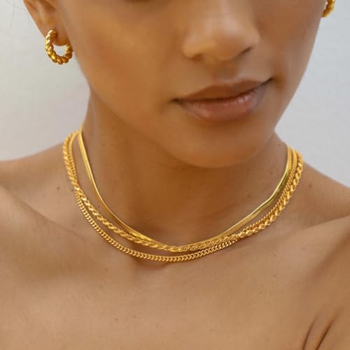 CONRAN KREMIX Waterproof Gold Necklace Layered Necklaces for Women Non Tarnish,14k Gold Plated Stainless Steel Dainty Stack Thin Chain Necklace Set for Women Gifts Jewelry - color: Gold-12