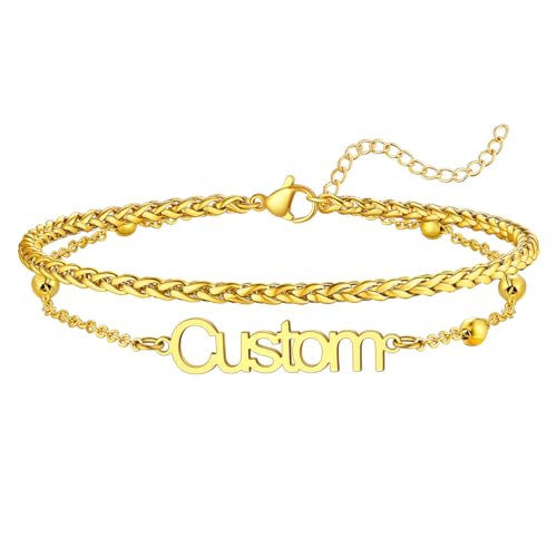 U7 Custom Layered Ankle Bracelets for Women Stainless Steel Bead/Cuban/Figaro/Rope/Wheat Chain Anklet Waterproof Anklet Jewelry for Beach Vacation - color: a-Gold Plated-Wheat Chain