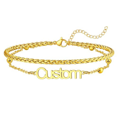 U7 Custom Layered Ankle Bracelets for Women Stainless Steel Bead/Cuban/Figaro/Rope/Wheat Chain Anklet Waterproof Anklet Jewelry for Beach Vacation - color: a-Gold Plated-Wheat Chain