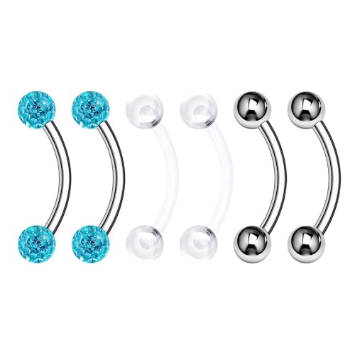 Surgical Steel Curved Barbell Ring 16g 5/16 8mm 3mm Ferido Ball Helix Earring Eyebrow Piercing Jewelry Choose Colors and Size - color: T-6pcs-Aqua-16g-3/8"(10mm)-3mmBall