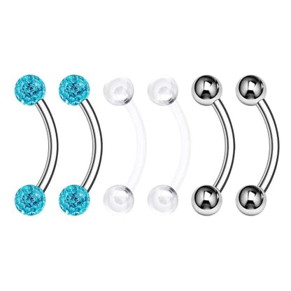 Surgical Steel Curved Barbell Ring 16g 5/16 8mm 3mm Ferido Ball Helix Earring Eyebrow Piercing Jewelry Choose Colors and Size - color: T-6pcs-Aqua-16g-3/8"(10mm)-3mmBall