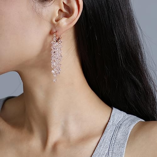 Fringe Hoop Dangle Earrings, Long Beads Tassel Chain Earrings for Women Sparkly Chandelier Earrings - color: Lt Pink
