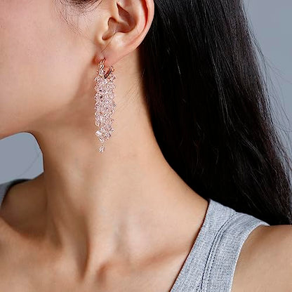 Fringe Hoop Dangle Earrings, Long Beads Tassel Chain Earrings for Women Sparkly Chandelier Earrings - color: Lt Pink