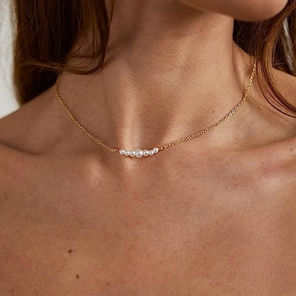 Kyerlyn Dainty Pearl Pendant Necklaces for Women 14K Gold Plated Handmade Layered Pearl Chain Necklace Delicate Layered Pearl Necklace Everyday Jewelry Gift - color: 7 Pearl-Gold