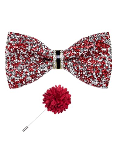 DiBanGu Mens Rhinestone Bow Tie with Ring and Lapel Pin Set | Adjustable Strap,Pre-tied Style,3PCS,Sequin Diamond Bowties，Solid/Mix Color,Shiny Accessory,for Party Prom Banquet Wedding - color: Red and Silver