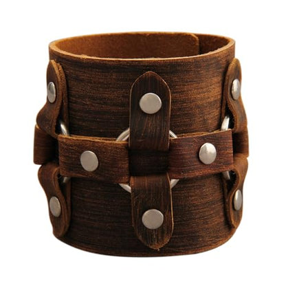 JAOYU Punk Leather Cuff Bracelet Goth Leather Wristband Rock Bracelet Biker Bracelet for Men Leather Armband Black Handmade Jewelry - color: Leather Cuff Bracelet Brown