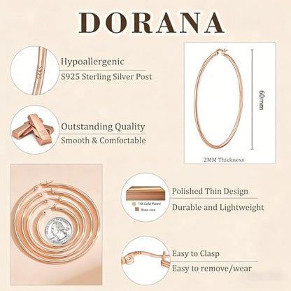 2mm Thin 14K Gold Plated Large S925 Sterling Silver Hoop Earrings for Women Hypoallergenic Big Hoop Non Tarnish Earrings Lightweight 20/30/40/50/60/70mm - color: Rose Gold-60mm