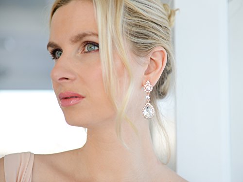 Mariell Black Crystal Teardrop Dangle Earrings, Jewlery for Brides, Bridesmaids, Prom and Wedding Parties - color: Rose Gold