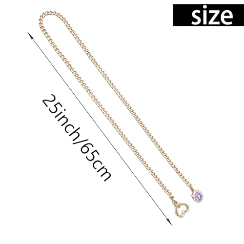 Women's Heart O-Ring Slip Chain Necklace, Double Layered Adjustable 39'' Cuban Chain with Detachable Heart Clasp and Colorful Rhinestone Pendant - color: 25'' Gold-Amethyst Purple