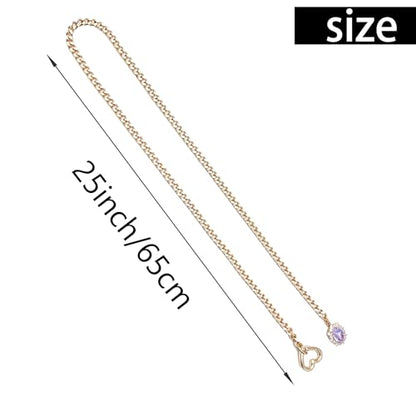 Women's Heart O-Ring Slip Chain Necklace, Double Layered Adjustable 39'' Cuban Chain with Detachable Heart Clasp and Colorful Rhinestone Pendant - color: 25'' Gold-Amethyst Purple