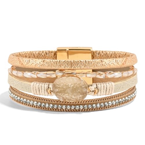 Wrapped Bracelets for Women,Leather Boho Bracelets for Women - color: Beads-Cream
