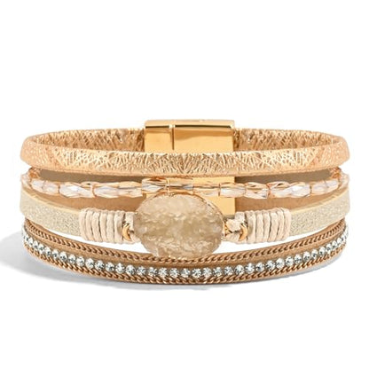 Wrapped Bracelets for Women,Leather Boho Bracelets for Women - color: Beads-Cream
