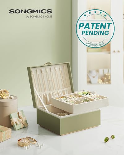 SONGMICS 2-Layer Jewelry Box, Jewelry Organizer with Handle, Removable Jewelry Tray, Jewelry Storage, Floating Effect, 8.1 x 9.4 x 4.3 Inches, Gift Idea, Sage Green UJBC165C02 - color: Sage Green