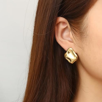 Chunky 14k Gold Plated Stud Earrings for Women Hypoallergenic Statement Earrings, Dainty Geometric Thick Studs Lightweight Earrings Fashion Jewelry Gifts