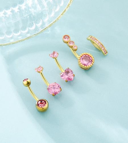 BSJ4U Belly Button Rings Gold Plated Silver Pink Clear CZ Belly Rings for Women Heart Bow Flower Butterfly Teardrop Dangle Navel Belly Button Piercing Jewelry - color: Gold Plated Pink Classic Belly Button Rings