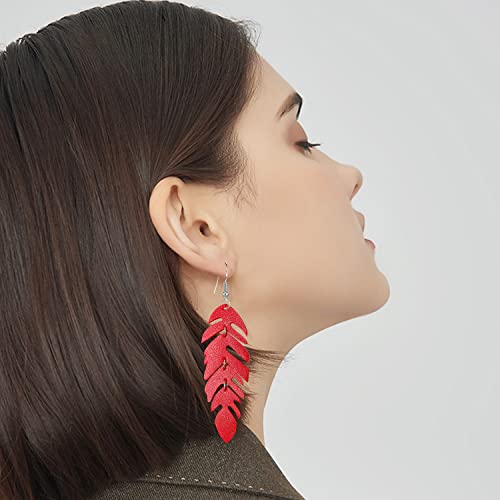 Handmade Unique Lightweight Bohemian Genuine Leather Leaf Dangle Drop Earrings Dainty Sparkly Chain Feather Hook Earring for Women Statement - color: Red