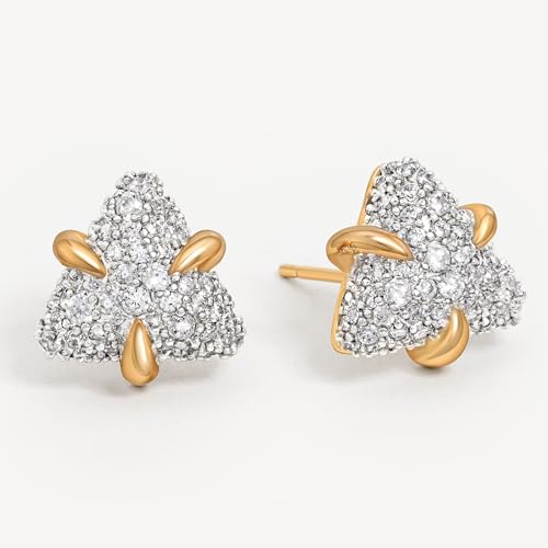 MEVECCO Pave Cubic Zirconia Stud Earrings for Women, 18K Gold Plated Brass | Pave CZ Fronts, Curved Gold Plated Edge Accents, Soft Motifs and Clean Geometric Styles - style: triangle