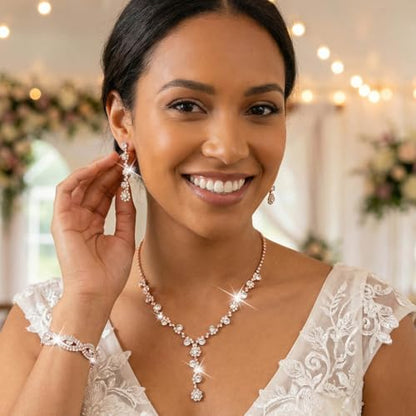 Silver Wedding Jewelry Sets Rhinestone Necklace Earrings Bracelet Set Prom Formal Costume Jewelry for Women and Brides - color: Rose Gold