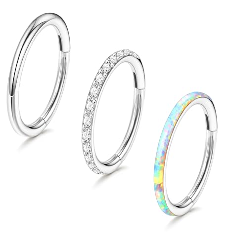 3pcs Nose Rings Hoops - 316L Surgical Steel Hinged Nose Hoops 16G/18G/20G CZ Clicker Septum Nose Ring Lip Helix Cartilage Hoop Earring Daith Rook Conch Body Piercing Jewelry for Women Men 8mm 10mm - color: Silver, size: 18 gauge(1.0mm)-10mm