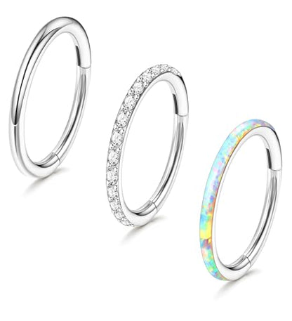 3pcs Nose Rings Hoops - 316L Surgical Steel Hinged Nose Hoops 16G/18G/20G CZ Clicker Septum Nose Ring Lip Helix Cartilage Hoop Earring Daith Rook Conch Body Piercing Jewelry for Women Men 8mm 10mm - color: Silver, size: 18 gauge(1.0mm)-10mm