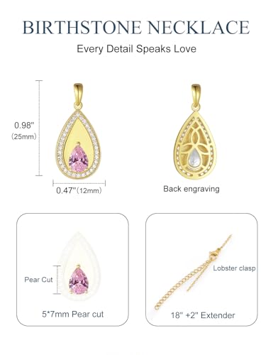 Birthstone Pendant Necklaces for Women 925 Sterling Silver Teardrop Pendant Necklace Birthday Jewelry Gift, 18"+2" Inches - color: 10 - Pink Tourmaline