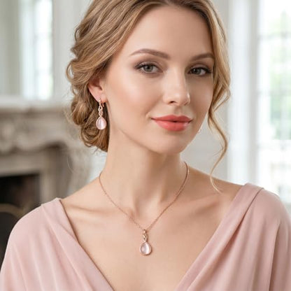 Amabro Teardrop Pendant Rose Gold Necklaces Earrings Jewelry Sets for Women | Pink Opal Water Drop Necklace & Earrings Adjustable Accessories Wedding Birthday Prom Formal Brides Bridesmaid