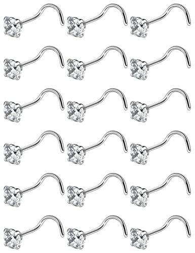 18G 20G 22G Nose Rings Studs with Cubic Zirconia 316L Surgical Steel Straight Screw L Shaped Nose Studs Piercing Jewelry for Women Men Girl CZ 1.5mm 2mm 2.5mm 3mm 20Pcs - color: B:18G Screw- Silver 1.5mm