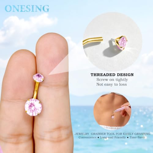 ONESING 14G Belly Button Rings Hypoallergenic Surgical Stainless Steel Belly Rings for Women Round Heart Teardrop Cubic Zirconia 12MM Navel Piercing Jewelry Barbell Studs with Tools - color: Gold B-Pink CZ-14G