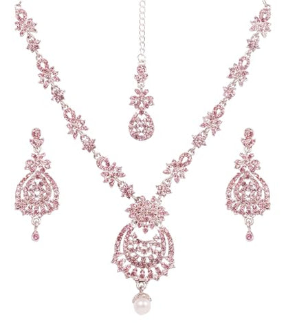 Touchstone Indian jewelry sets for women maang tikka wedding guest gold necklace bollywood jewellery set pageant elegant prom bride accessories western crystal chunky rhinestone necklaces - color: Pink rose in silver plating
